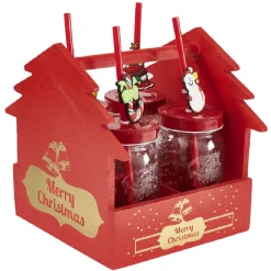 Panier rouge Merry Christmas avec gobelets Noël pailles x4