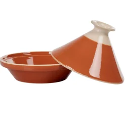 Plat à tajine en faïence rouge brique et blanc ivoire
