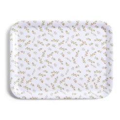 Plateau de service rectangulaire mélaminé blanc motif feuillage doré 21x28cm