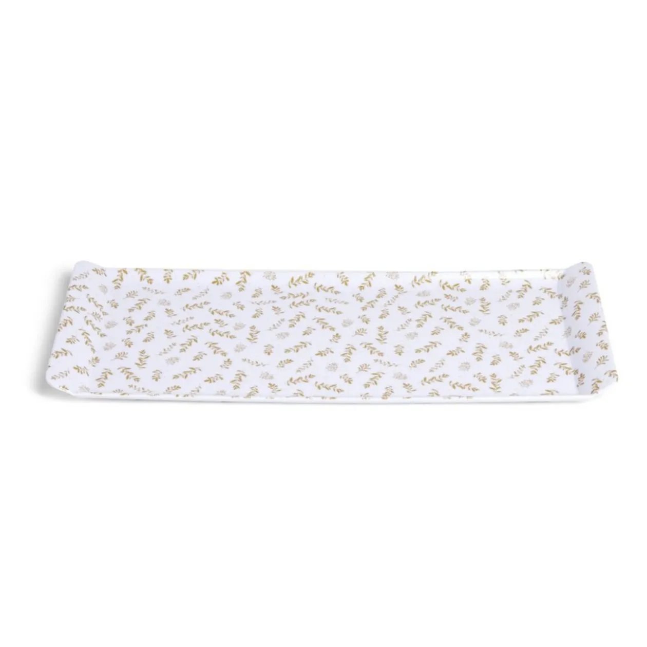 Plateau de service rectangulaire mélaminé blanc motif feuillage doré 18x37,5cm