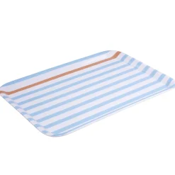 Plateau rectangulaire rayé bleu blanc liseré orange plastique 45x31cm