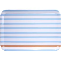 Plateau rectangulaire rayé bleu blanc liseré orange plastique 45x31cm
