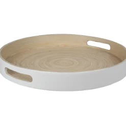 Plateau rond bambou bicolore blanc naturel