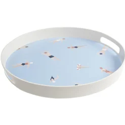 Plateau rond bleu et blanc motif nageur - plastique Ø34,5xH4cm