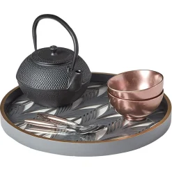 Plateau rond inspiration orientale en métal et bois rouge ou gris