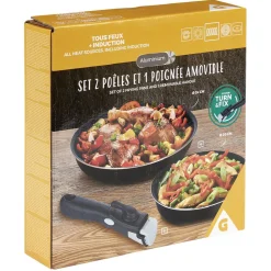 Poêle aluminium x2 avec poignée amovible x1 Ø20 et 24cm