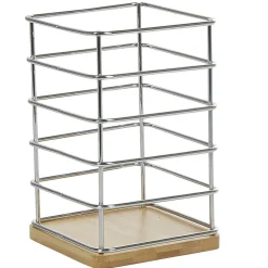 Porte ustensiles de cuisine en métal avec socle en bambou