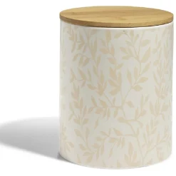 Pot de conservation 1,6L grès motif feuillage couvercle bambou Ø12xH14,5cm