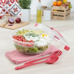 Saladier fraîcheur multicompartiments transparent et rouge