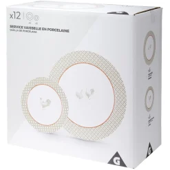 Service à vaisselle design campagne poule 12 pièces gris blanc rouge