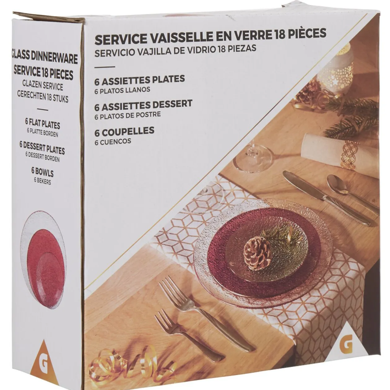 Service vaisselle rond en verre rouge transparent 18 pièces