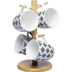 Set 4 mugs décor arabesque noir et blanc et support en bambou