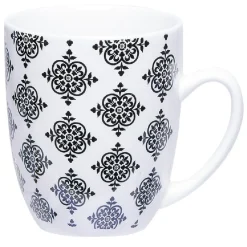 Set 4 mugs décor arabesque noir et blanc et support en bambou
