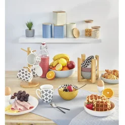 Set 4 mugs décor arabesque noir et blanc et support en bambou