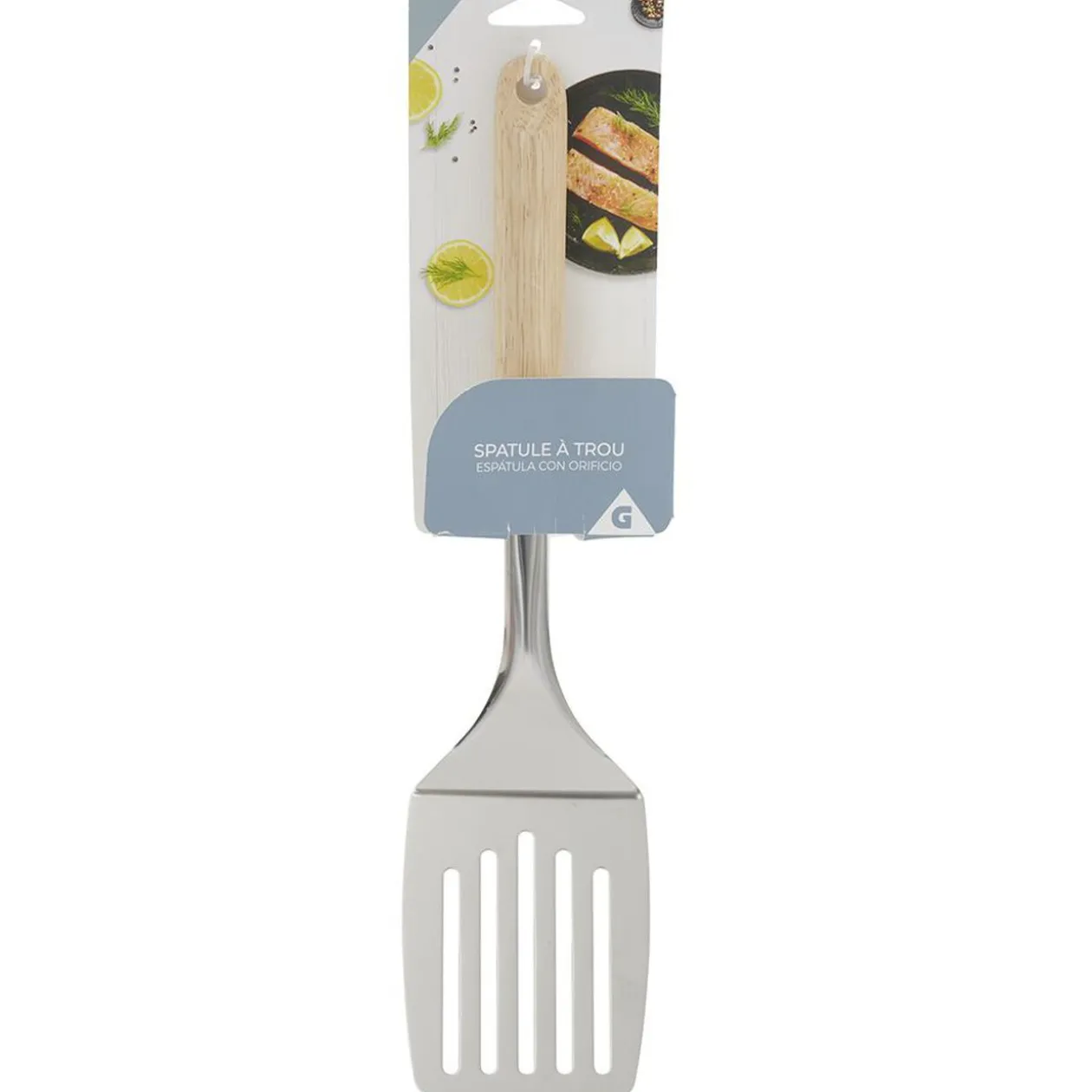 Spatule ajourée en inox avec manche en bois