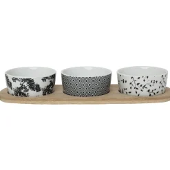 Support à apéritifs avec 3 coupelles déco végétal noir blanc