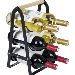 Support 6 bouteilles bois et métal noir