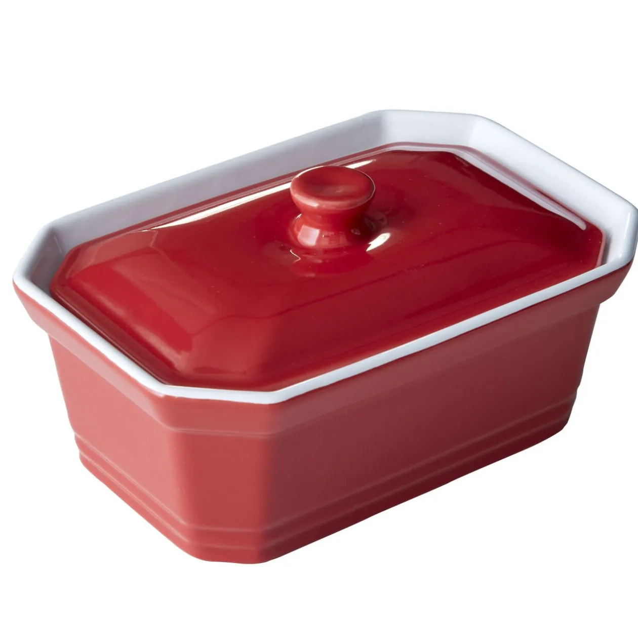Terrine avec couvercle et presse rectangulaire rouge blanche