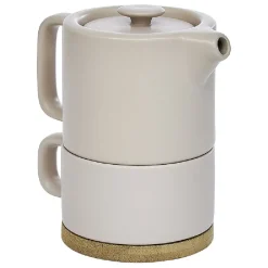 Tisanière 40cl et tasse 25cl grès taupe avec support bambou