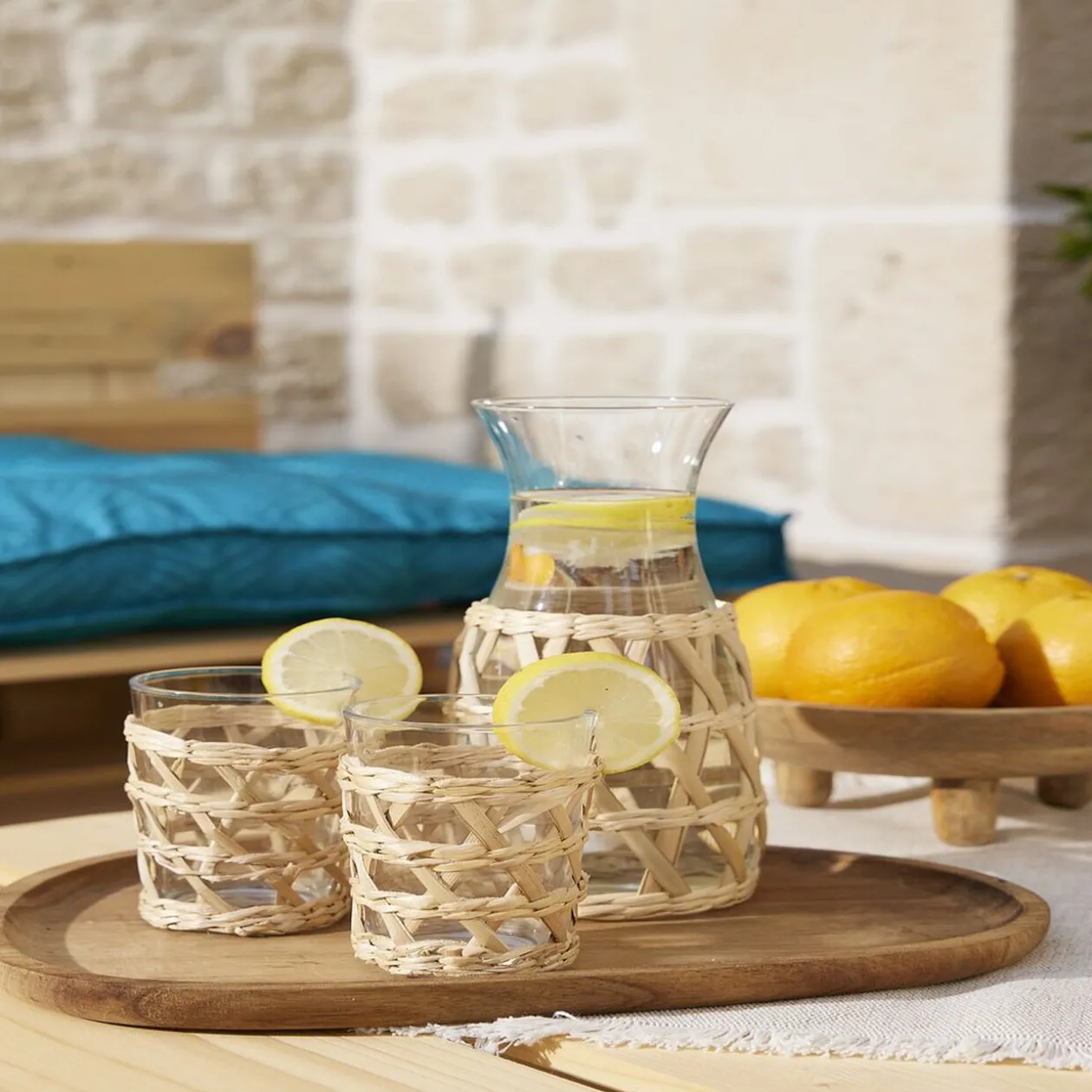 Verre haut transparent avec raphia Ø8xH12,5cm